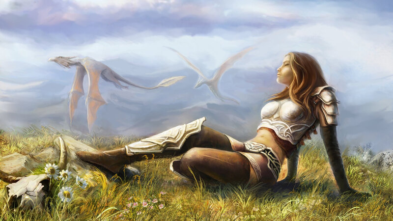 Woman with Dragons — Green, Serene