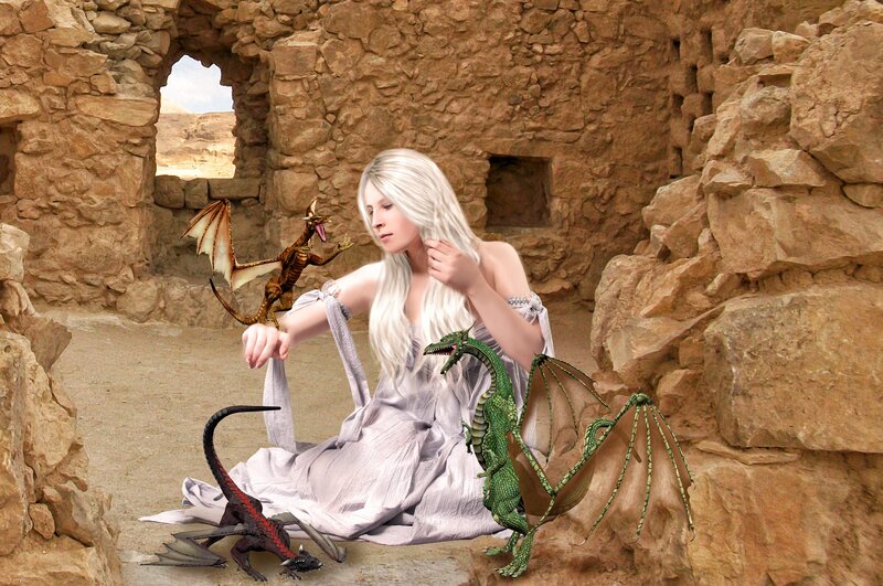 woman with dragons in ruins