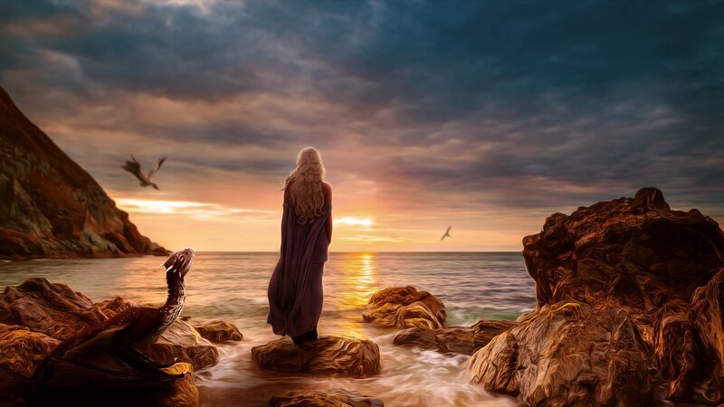 Woman with Dragons on Shore — Orange