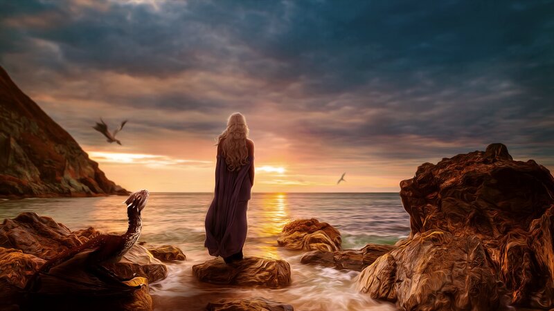 Woman with Dragons on Shore