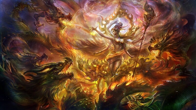 Woman with Dragons — Orange, Dramatic