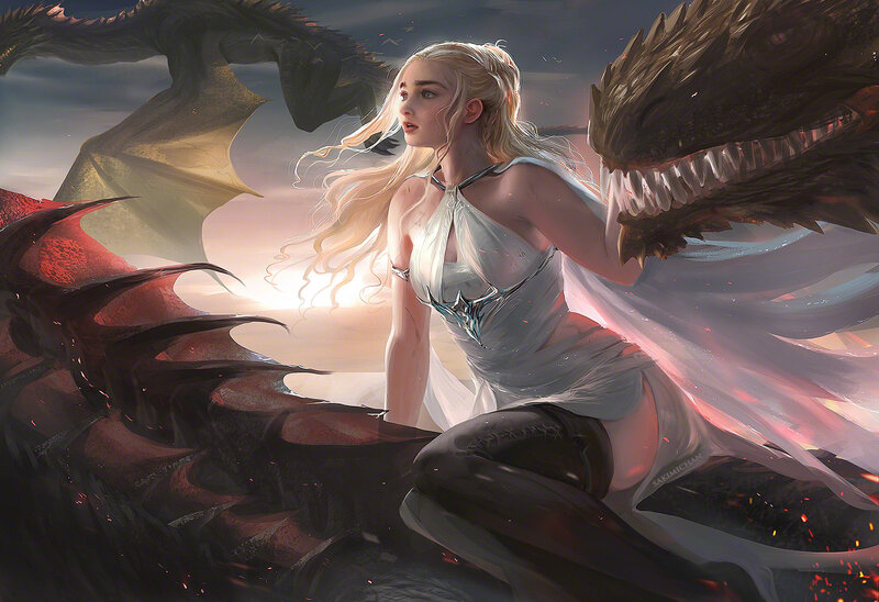 Woman with Dragons — White, Dramatic, Sunset