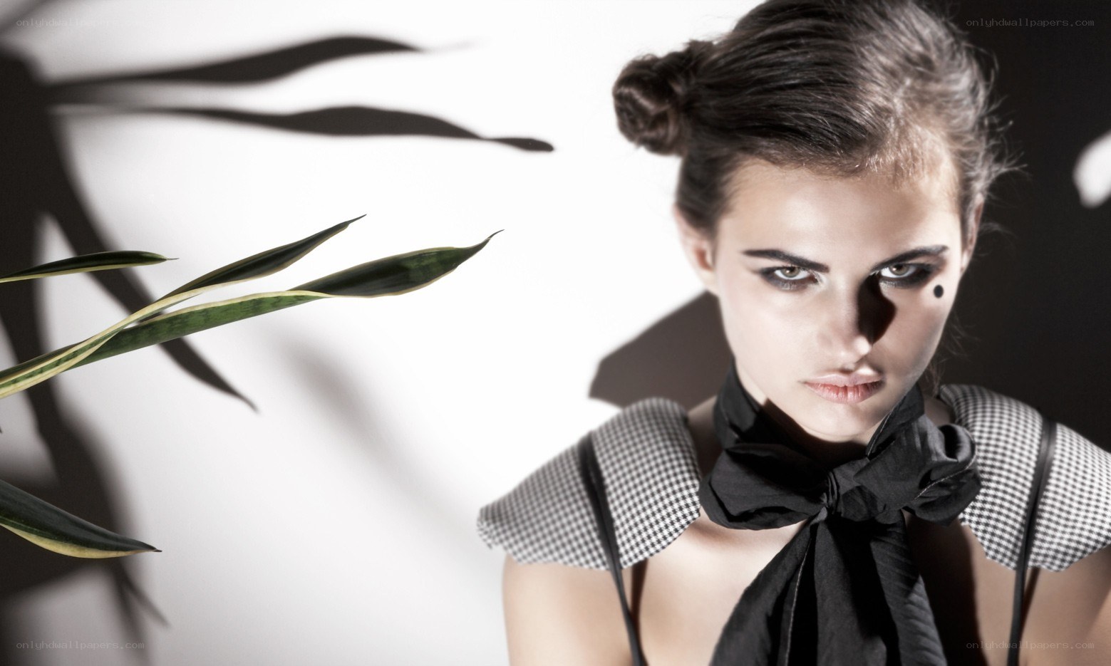woman with dramatic makeup and plant