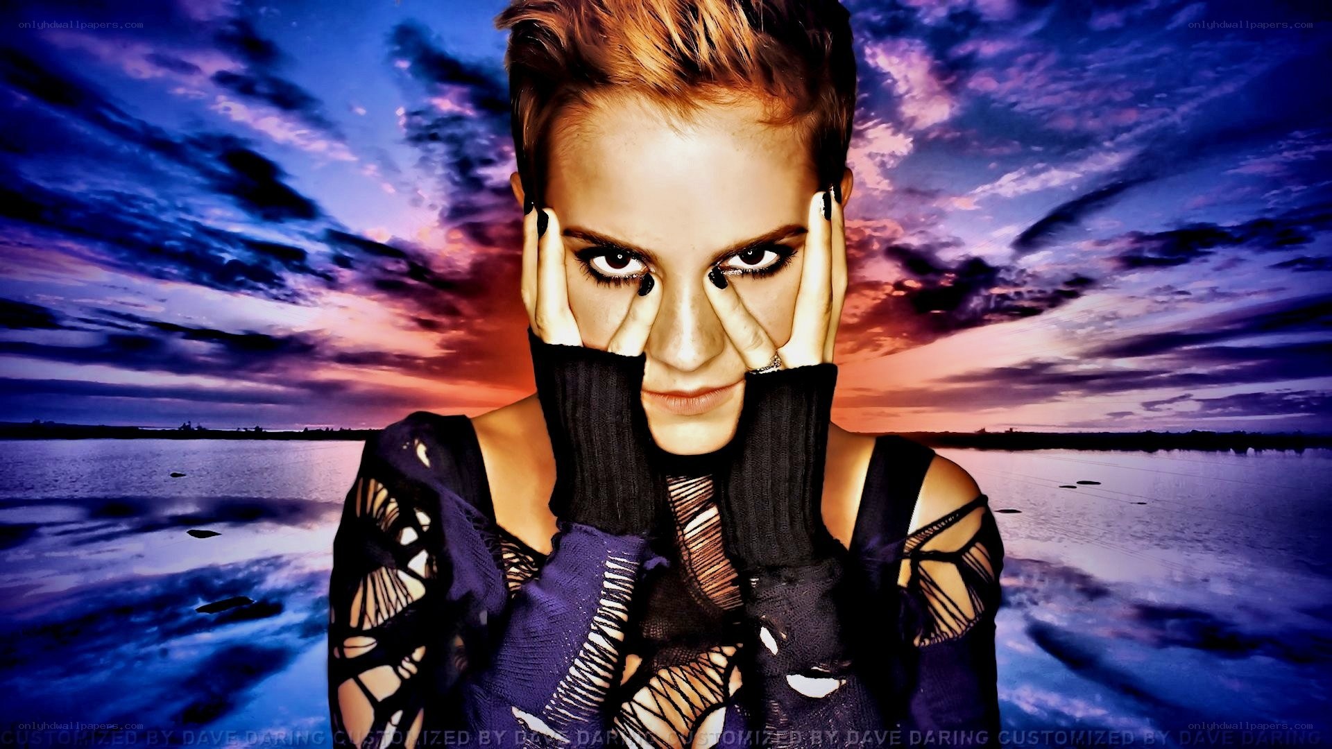 woman with dramatic makeup at sunset
