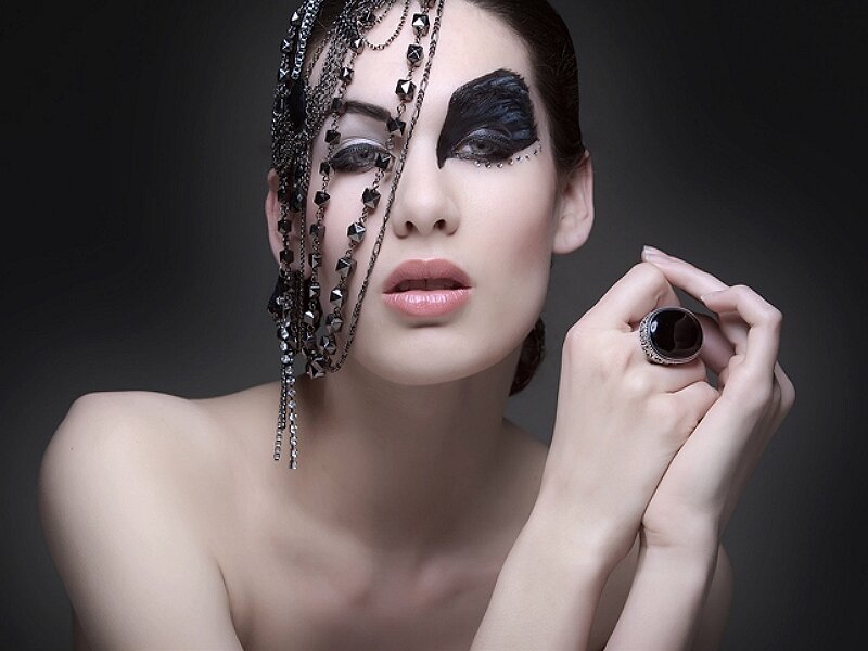 Woman with Dramatic Makeup — Black, Photograph, Chains