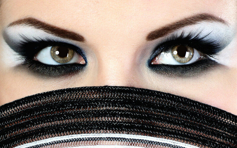 Woman with Dramatic Makeup — Black, Photograph, Eyes, Eyelashes, Face Veil
