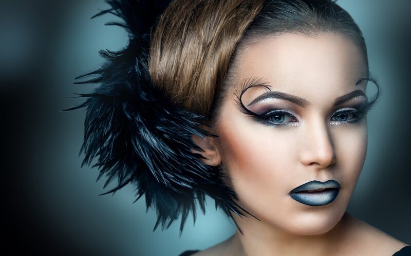 Woman with Dramatic Makeup — Black, Photograph, Feather Accessory