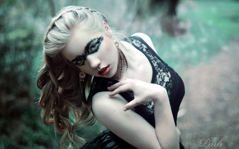 Woman with Dramatic Makeup — Black, Photograph, Feather Earrings