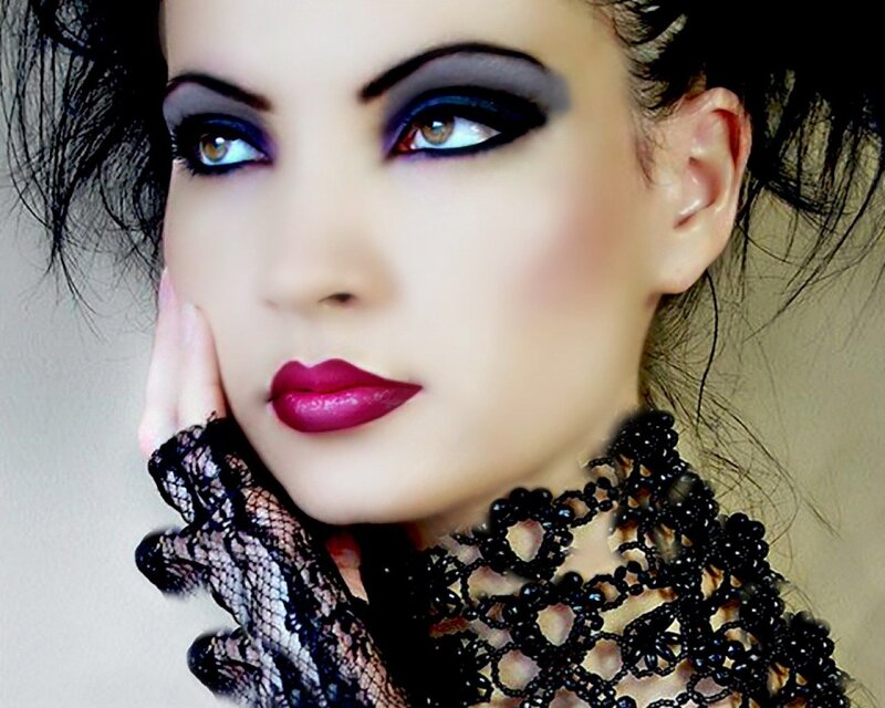Woman with Dramatic Makeup — Black, Photograph, Gloves, Lace