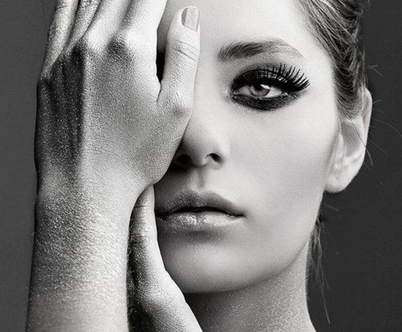 Woman with Dramatic Makeup — Black, Photograph, Hand