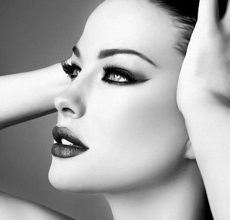 Woman with Dramatic Makeup — Black, Photograph, Hands