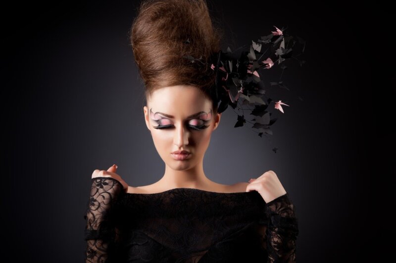 Woman with Dramatic Makeup — Black, Photograph, Lace Dress