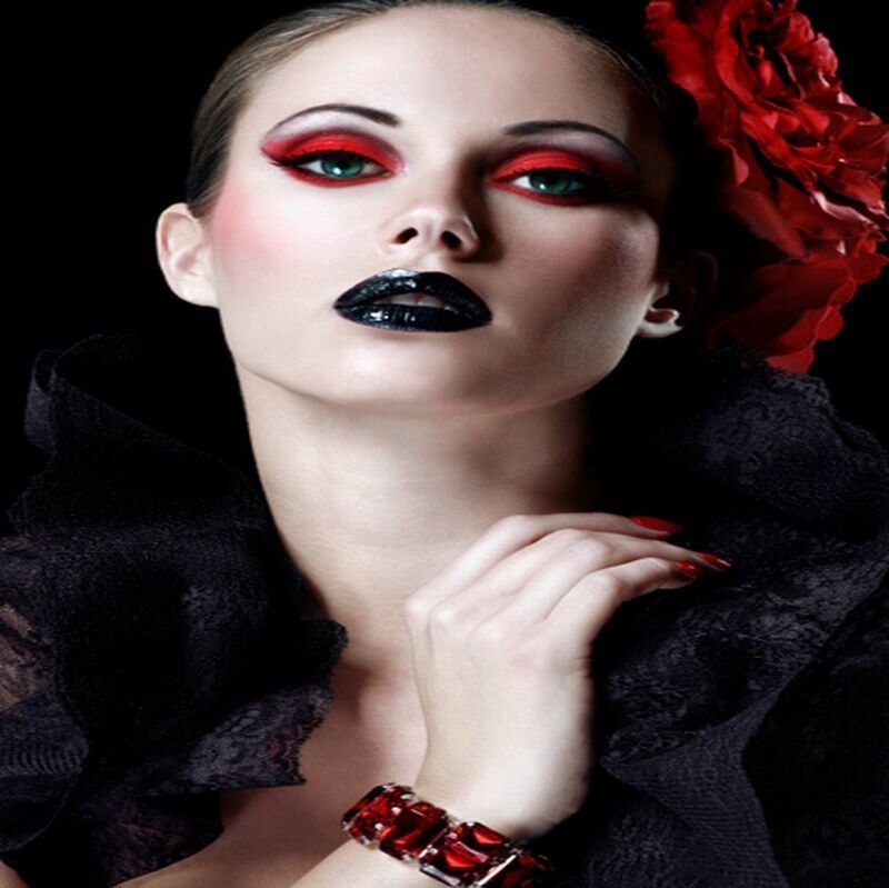 Woman with Dramatic Makeup — Black, Photograph, Red Flower