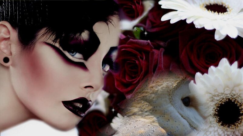 Woman with Dramatic Makeup — Black, Photograph, Roses
