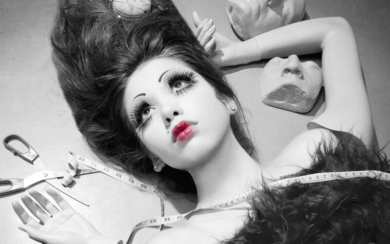 Woman with Dramatic Makeup — Black, Photograph, Scissors
