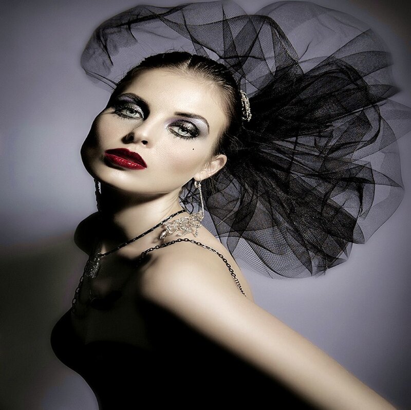 Woman with Dramatic Makeup — Black, Photograph, Tulle Veil