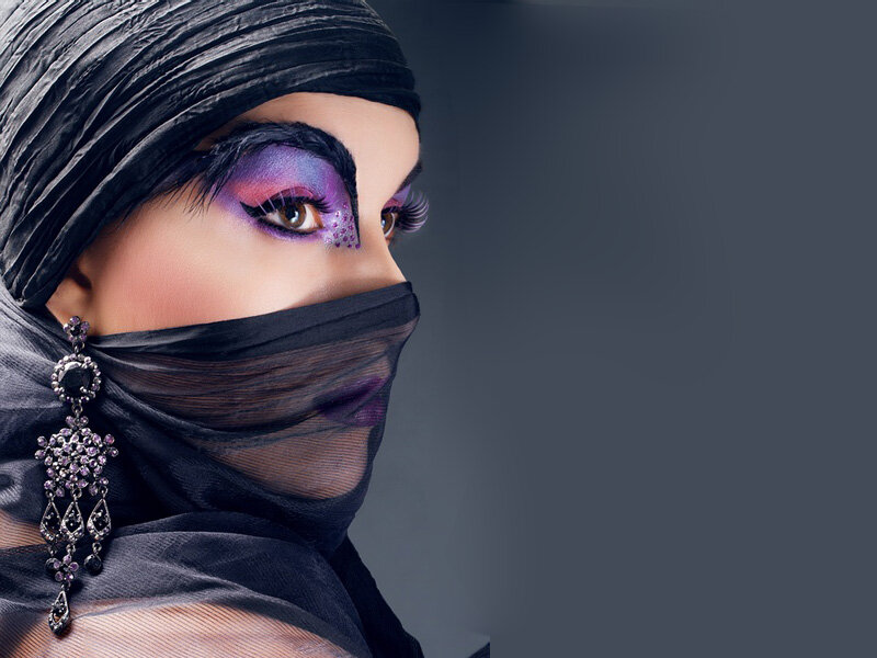 Woman with Dramatic Makeup — Black, Photograph, Veil, Earrings