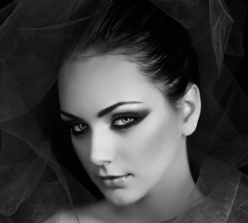 Woman with Dramatic Makeup — Black, Photograph, Veil