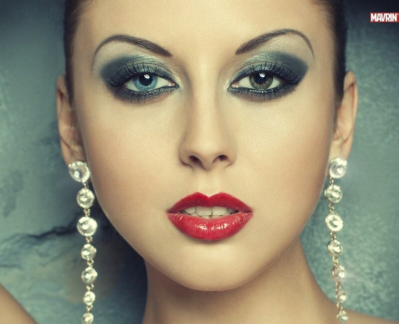 Woman with Dramatic Makeup — Blue, Photograph, Earrings