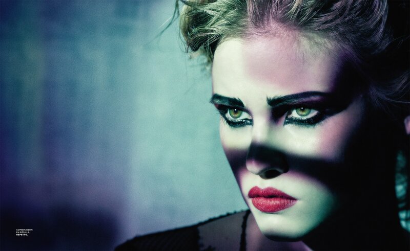 Woman with Dramatic Makeup — Blue, Photograph, Red Lipstick