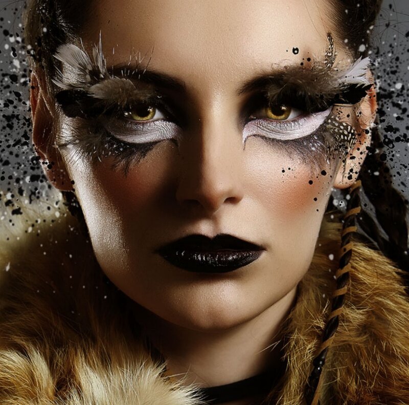 Woman with Dramatic Makeup — Brown, Photograph, Feathers