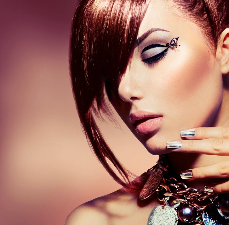 Woman with Dramatic Makeup — Brown, Photograph, Nails, Necklace