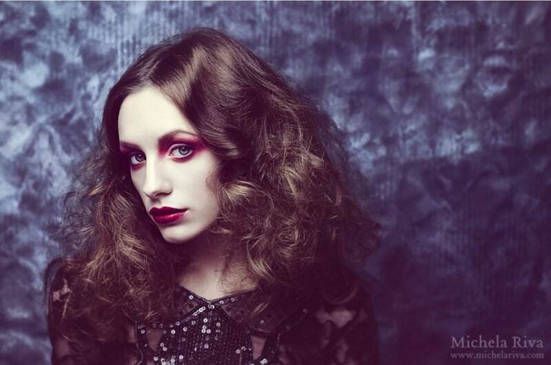 Woman with Dramatic Makeup — Purple, Photograph, Curly Hair