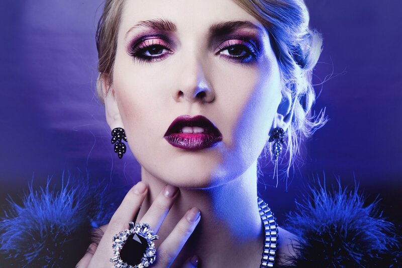 Woman with Dramatic Makeup — Purple, Photograph, Earrings