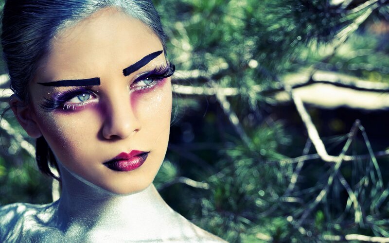 Woman with Dramatic Makeup — Purple, Photograph, Forest
