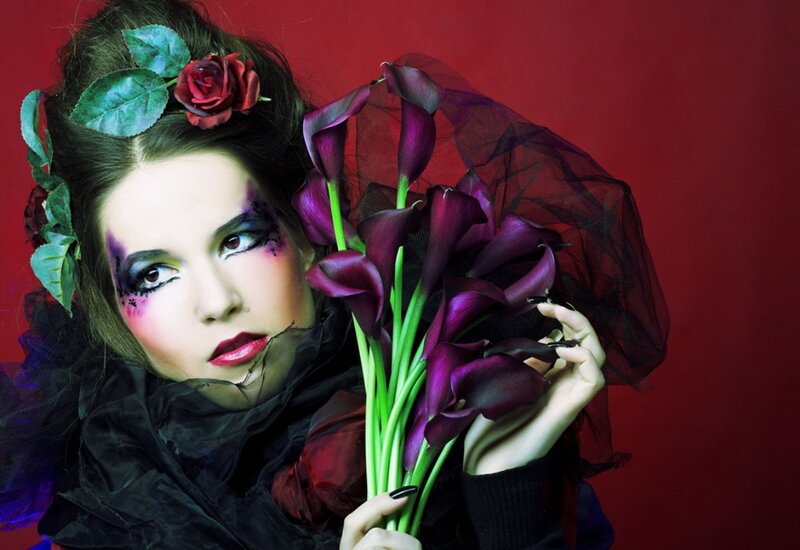 Woman with Dramatic Makeup — Red, Photograph, Flowers