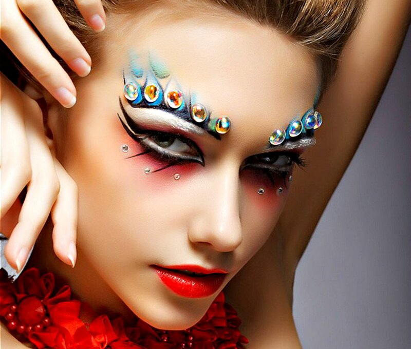 Woman with Dramatic Makeup — Red, Photograph, Jeweled Eye Makeup