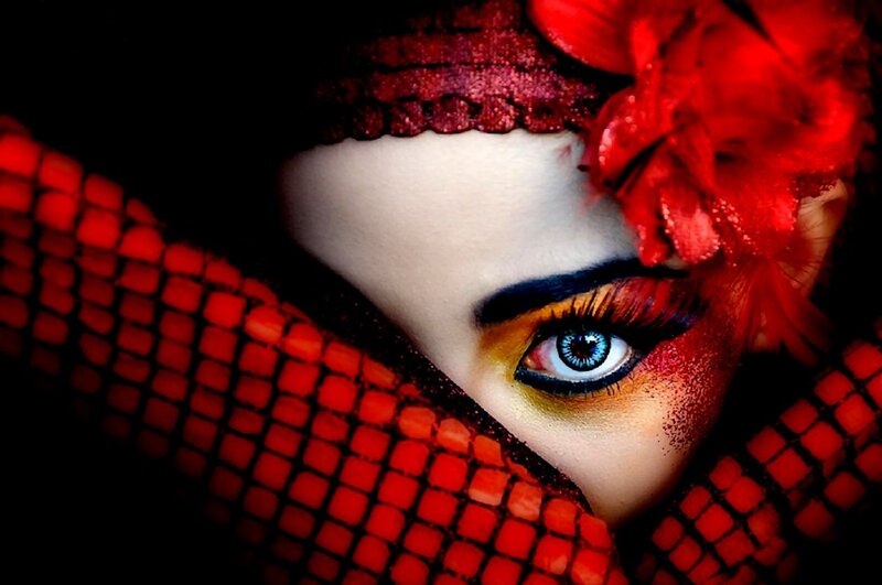 Woman with Dramatic Makeup — Red, Photograph, Red Flower