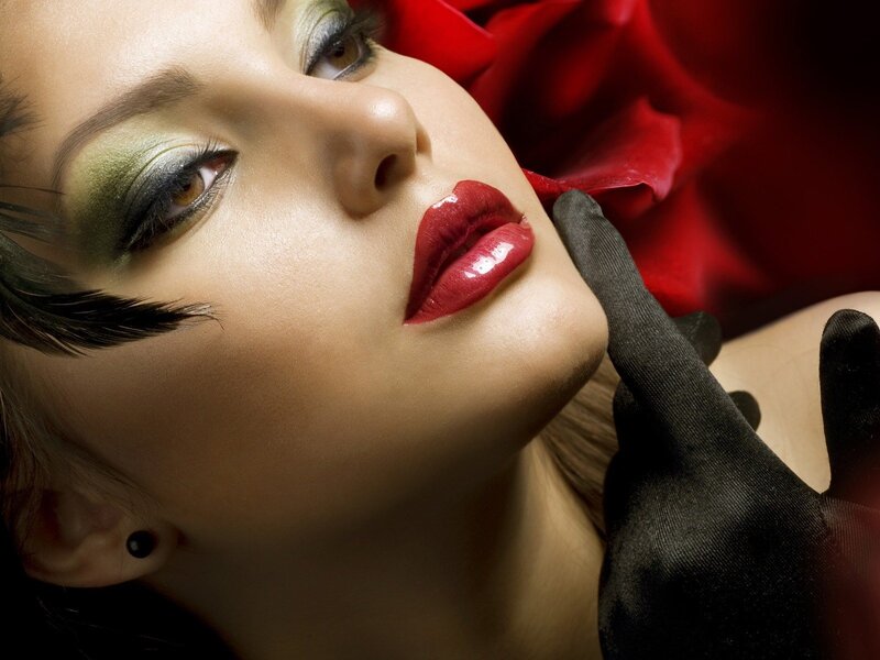 Woman with Dramatic Makeup — Red, Photograph, Red Rose