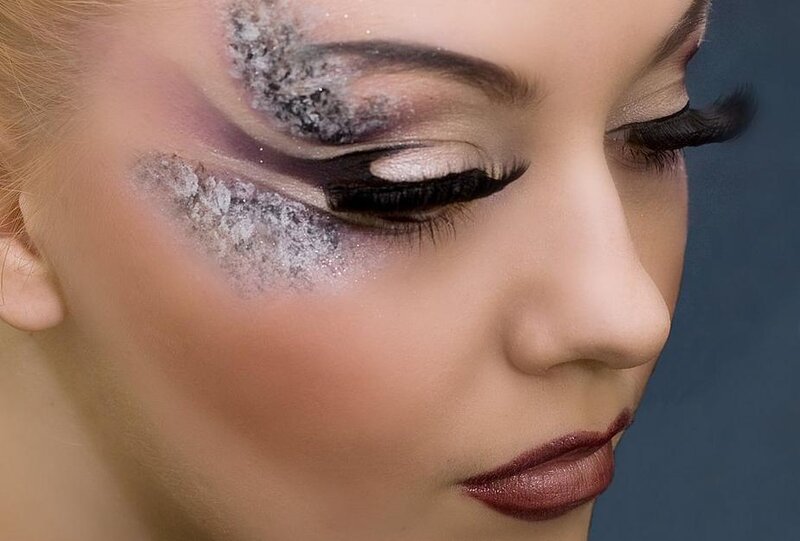 Woman with Dramatic Makeup — White, Photograph, Eyelashes, Lips