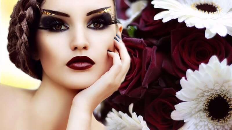 Woman with Dramatic Makeup — White, Photograph, Flowers
