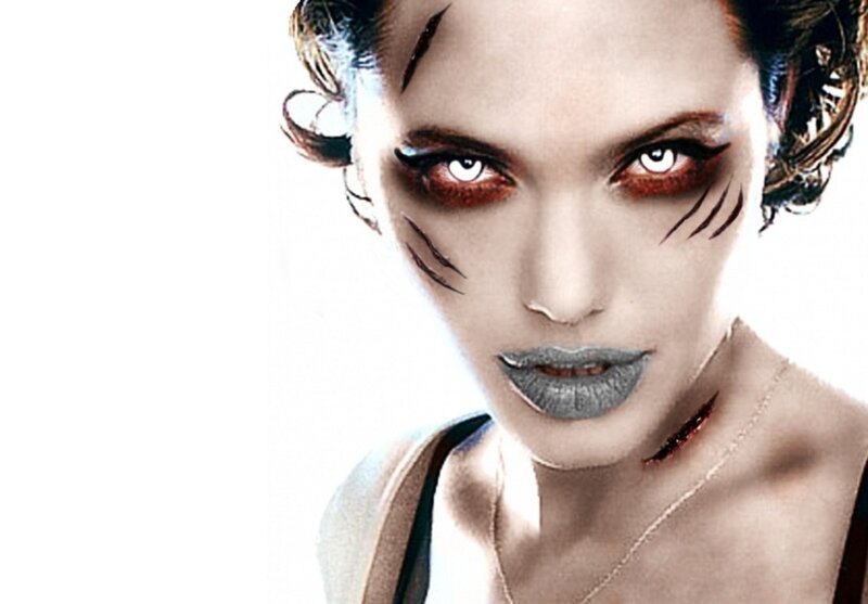 Woman with Dramatic Makeup — White, Photograph, Neck Wound