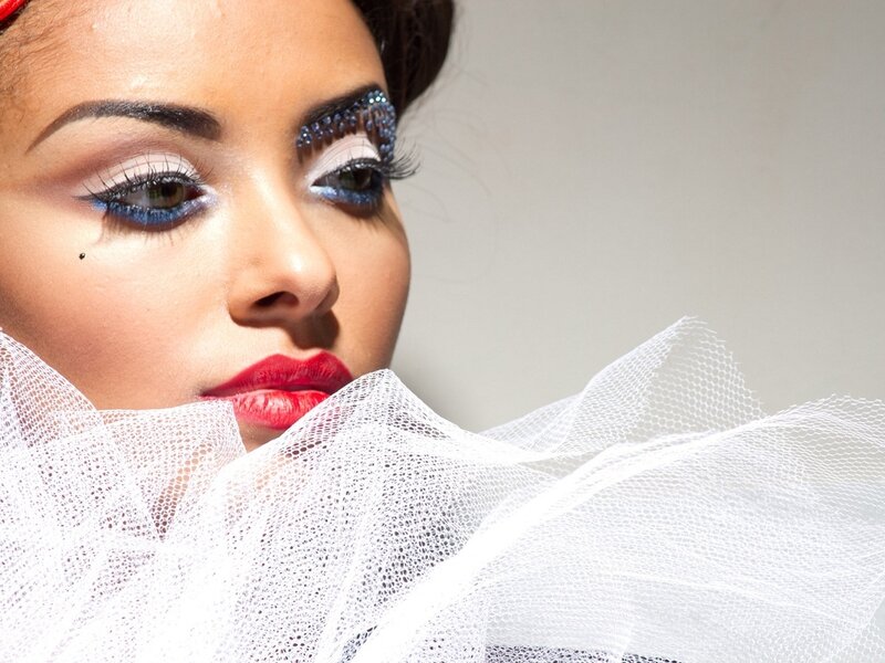 Woman with Dramatic Makeup — White, Photograph, Tulle Fabric
