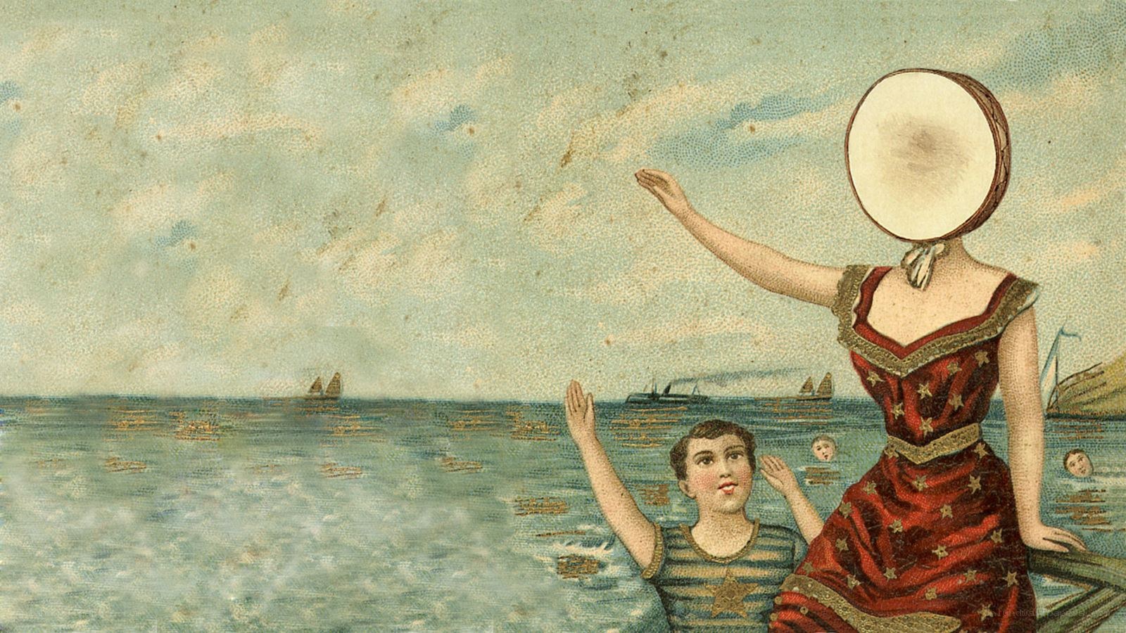 Woman with drum head on face