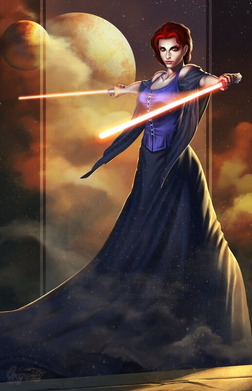Woman with dual lightsabers