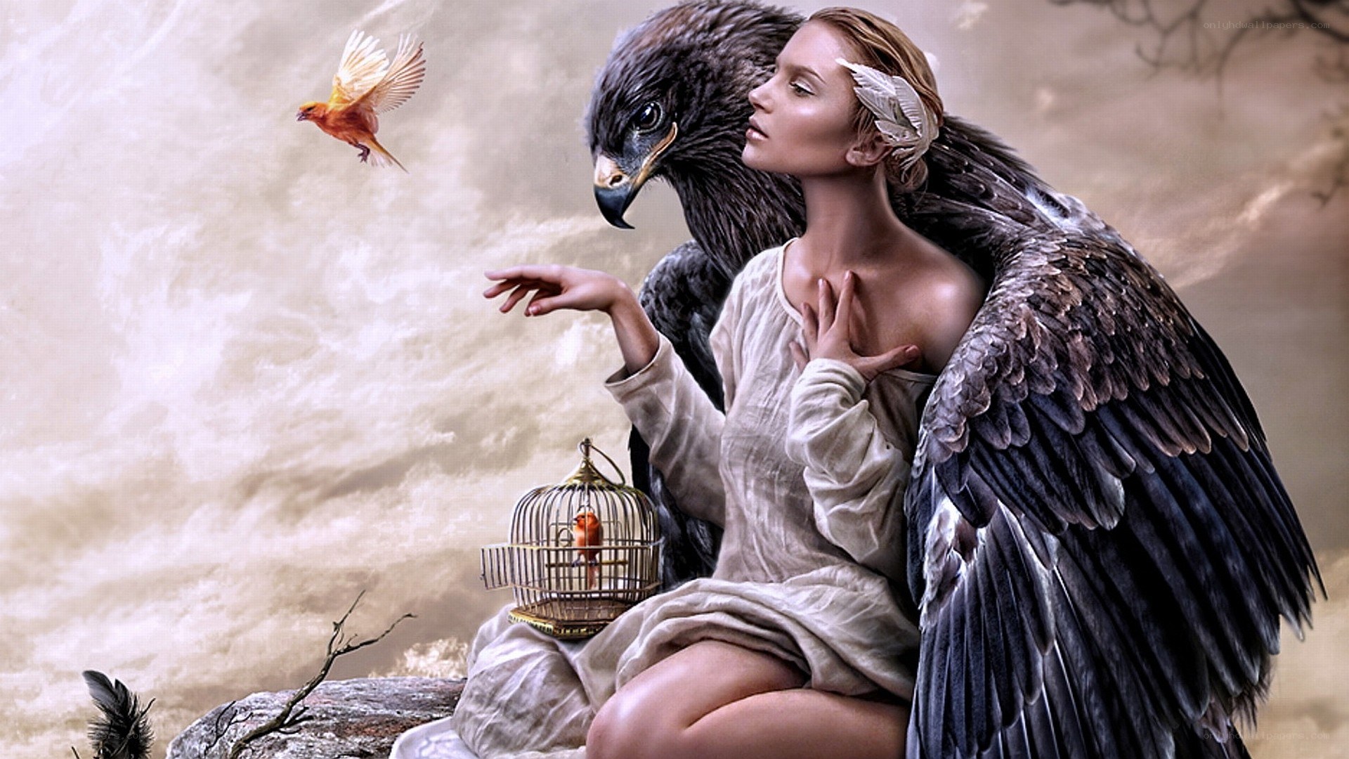 woman with eagle and birds