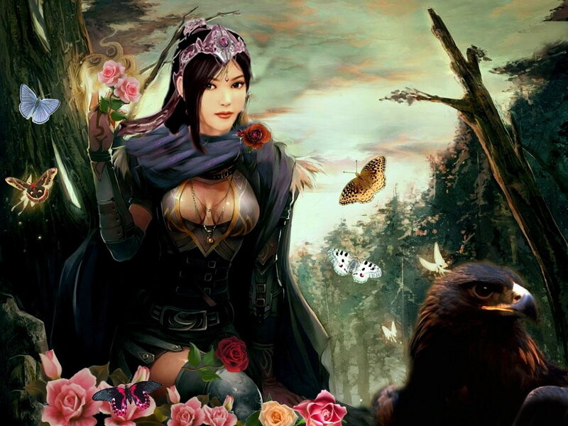 Woman with Eagle and Butterflies