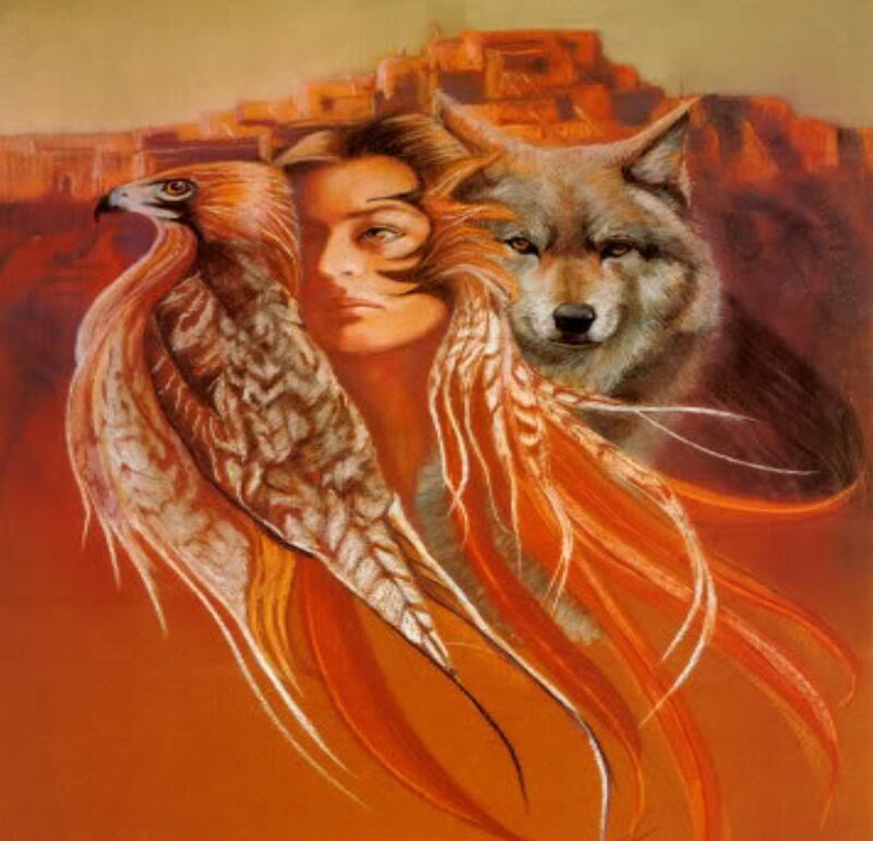 woman with eagle and wolf