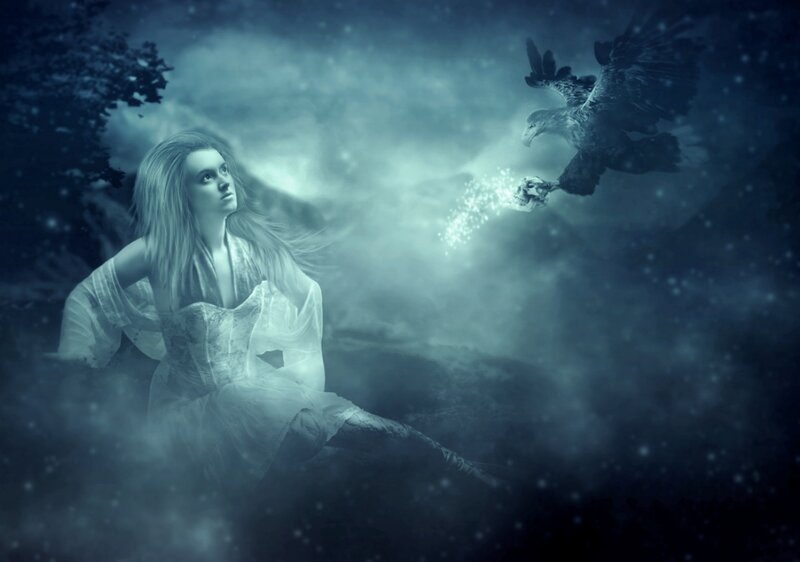 Woman with Eagle — Blue, Mystical