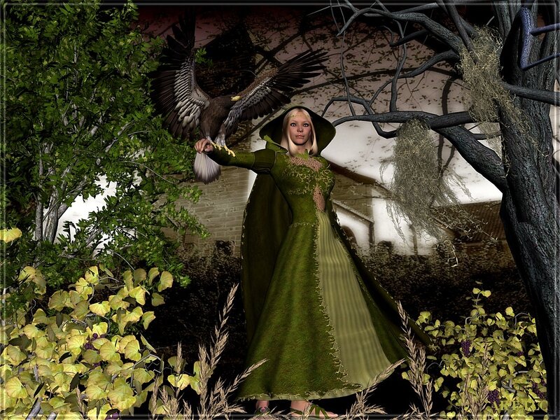 woman with eagle in forest