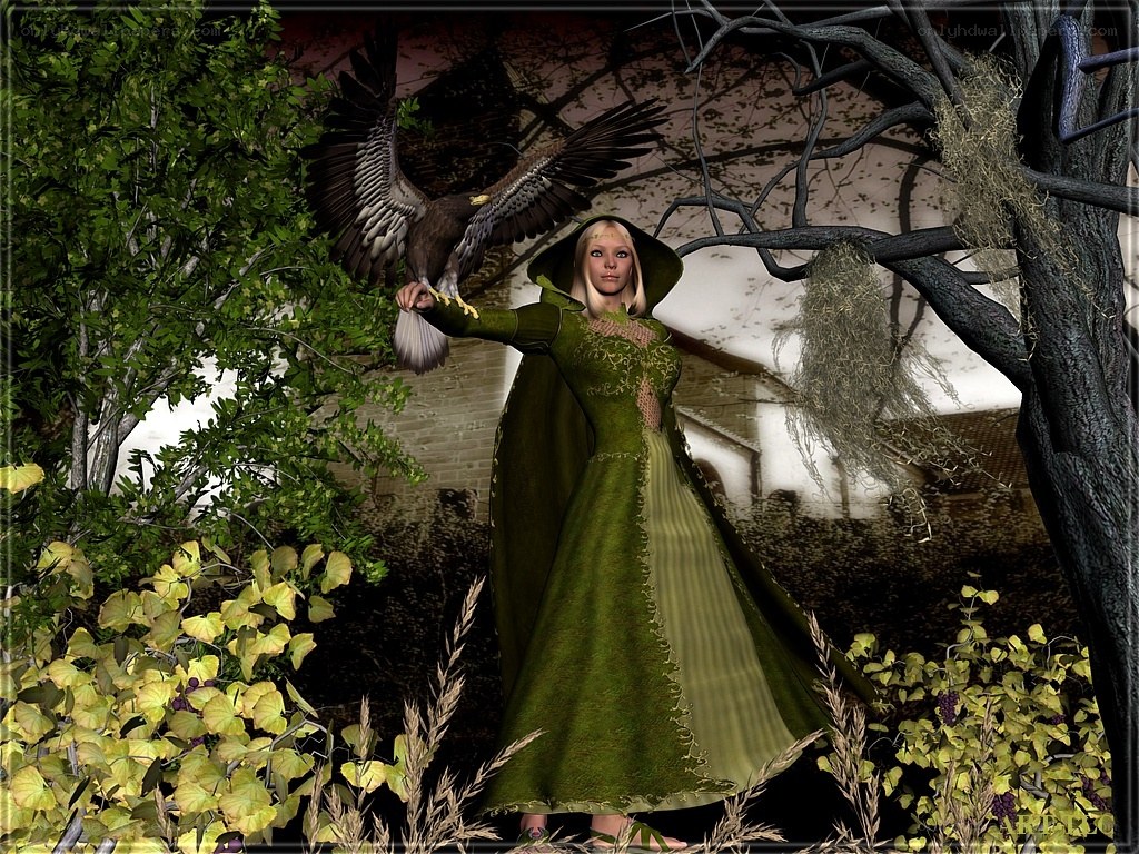 woman with eagle in forest