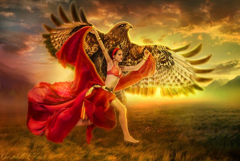 Woman with Eagle — Red