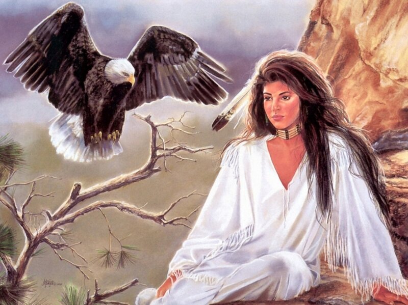Woman with Eagle — White