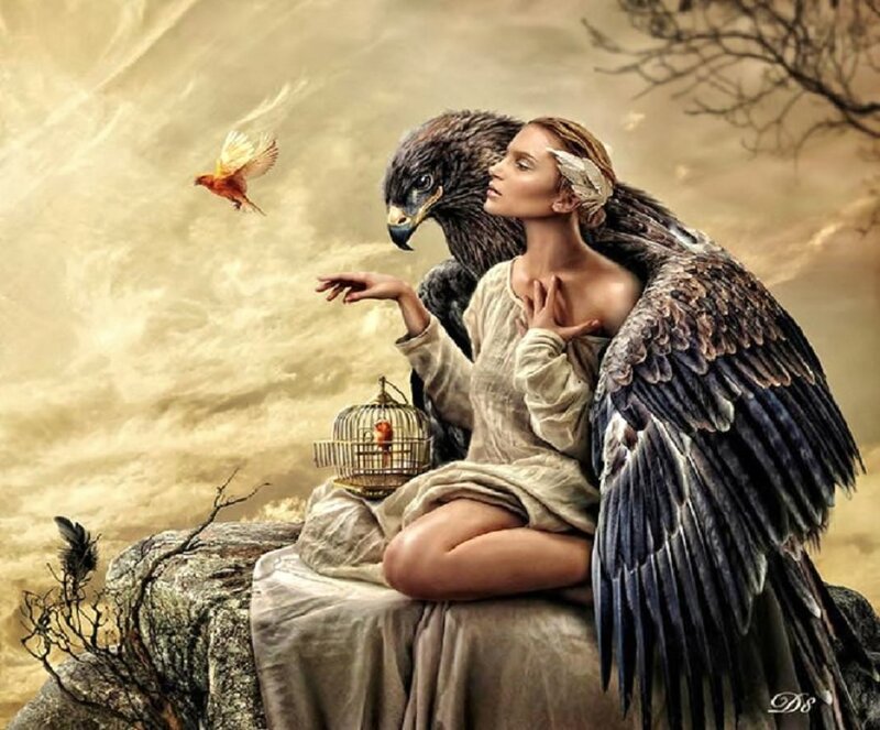 Woman with Eagle Wings — Brown, Dramatic, Digital Art, Birdcage, Flying Bird