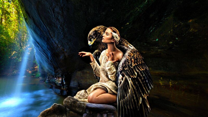 Woman with Eagle Wings — Brown, Dramatic, Digital Art, Cave