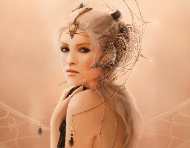 Woman with Elaborate Headpiece — Beige